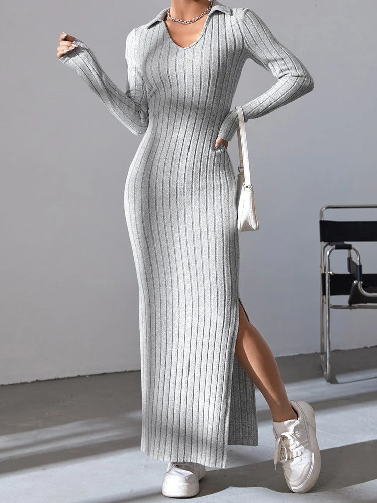 Women's full-sleeved knitted dress with V-neckline