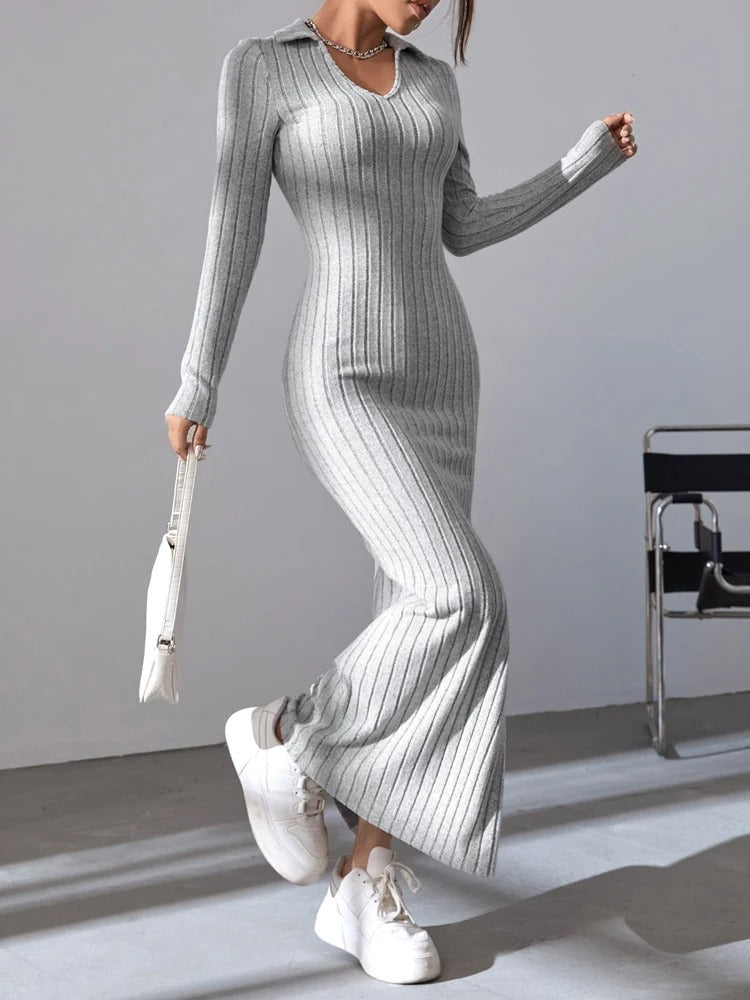 Women's full-sleeved knitted dress with V-neckline