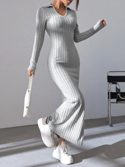 Women's full-sleeved knitted dress with V-neckline