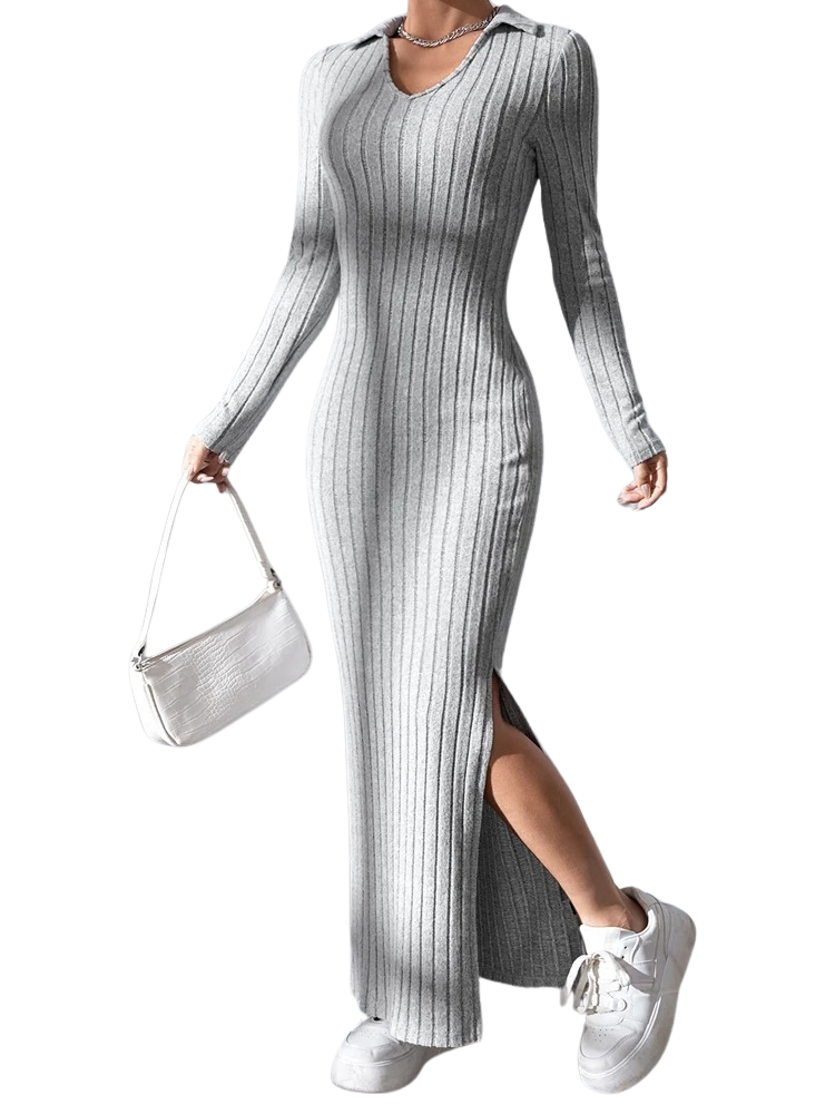 Women's full-sleeved knitted dress with V-neckline