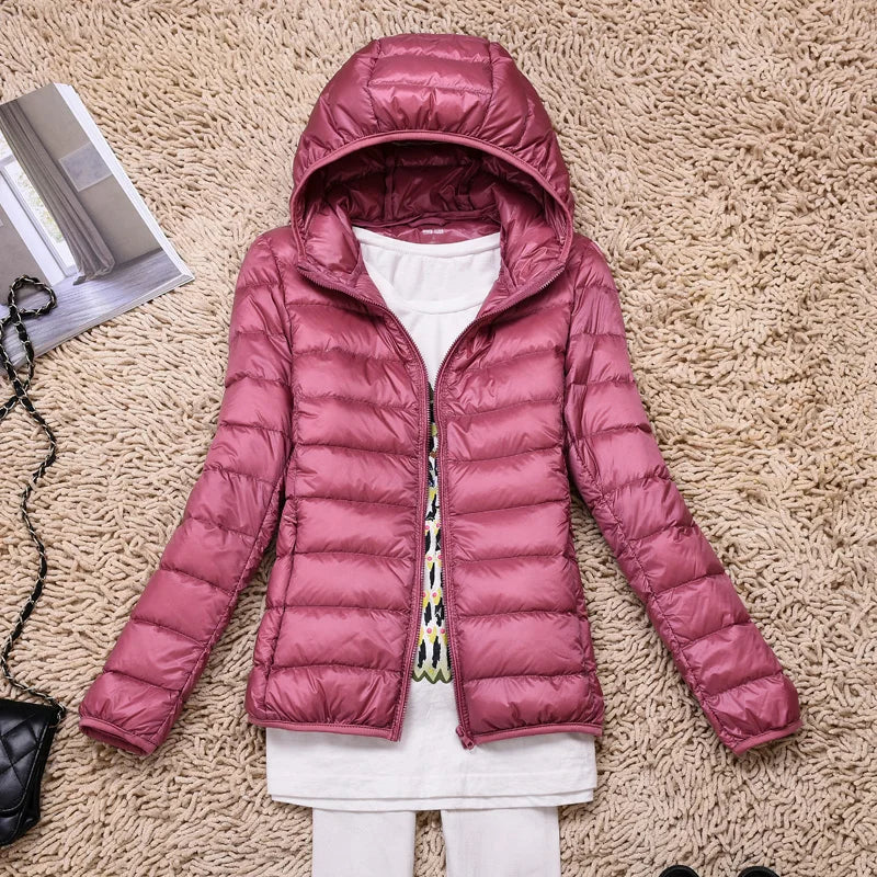 Women's hooded down jacket with foldable design