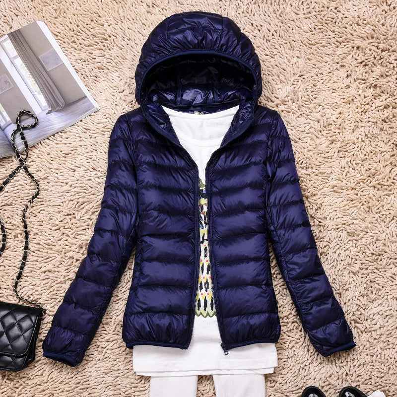 Women's hooded down jacket with foldable design