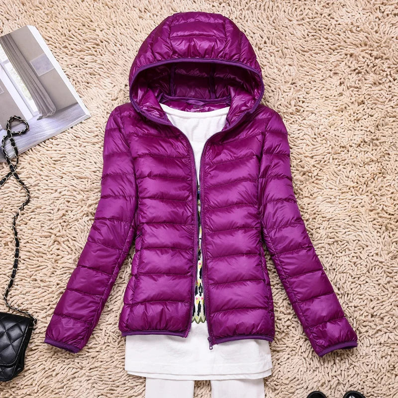 Women's hooded down jacket with foldable design