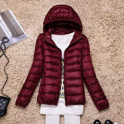 Women's hooded down jacket with foldable design