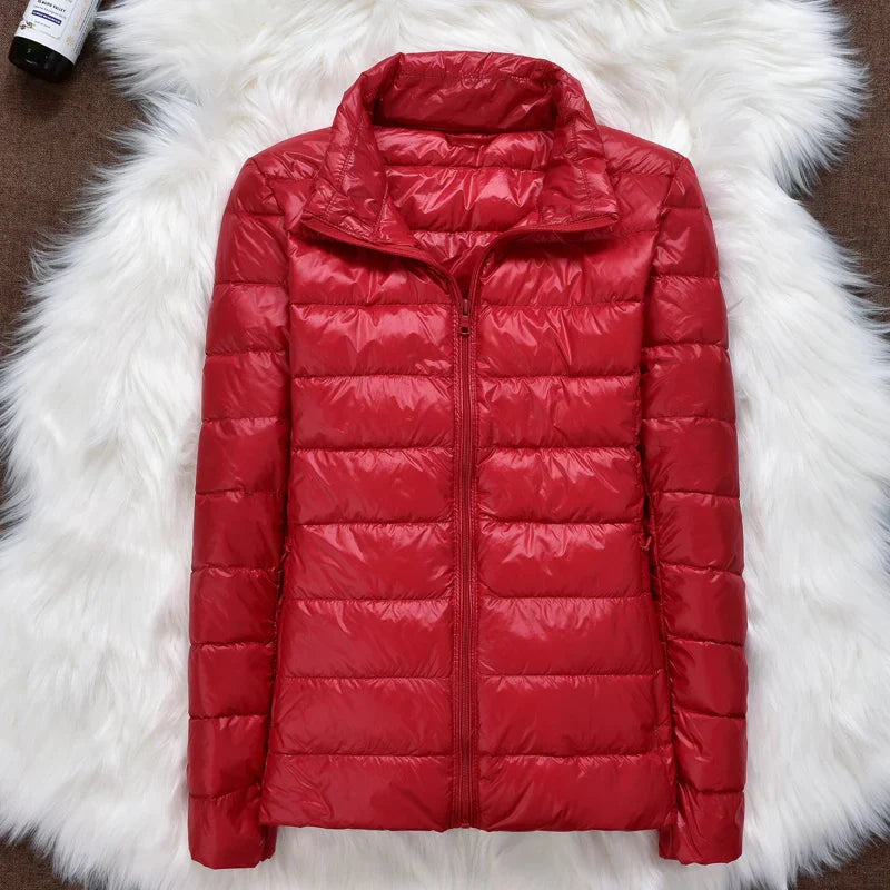 Women's hooded down jacket with foldable design
