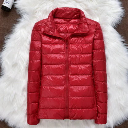 Women's hooded down jacket with foldable design