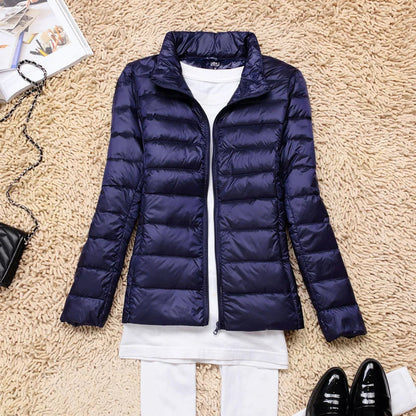Women's hooded down jacket with foldable design