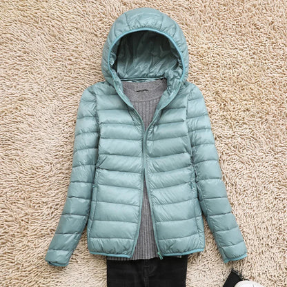 Women's hooded down jacket with foldable design