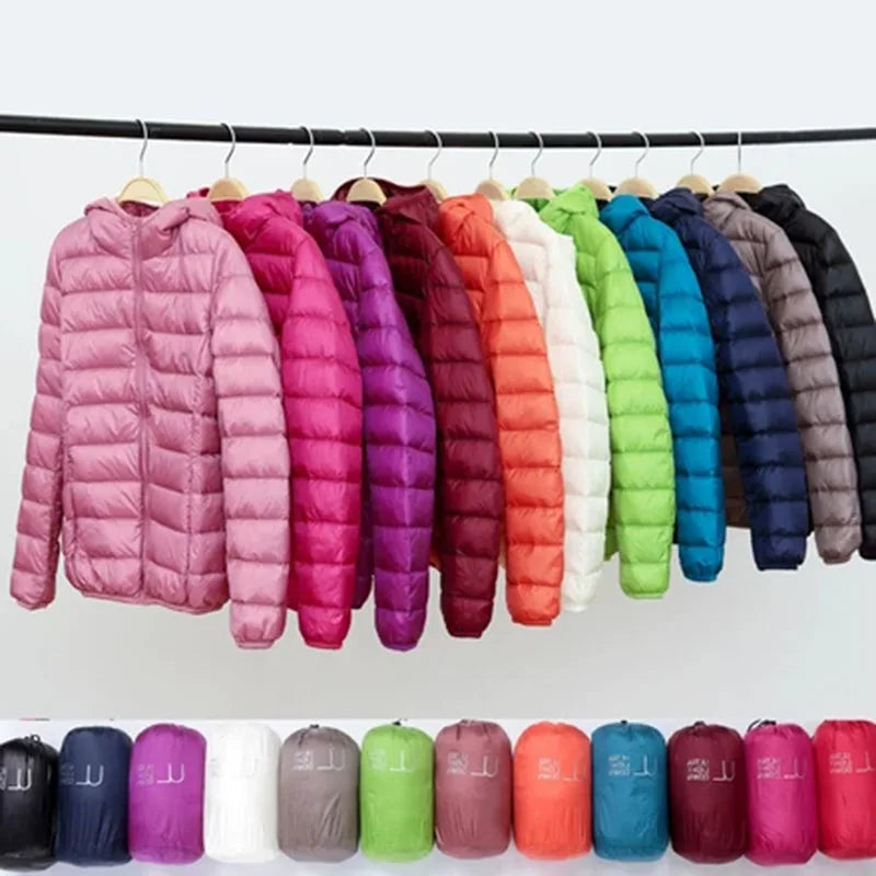 Women's hooded down jacket with foldable design