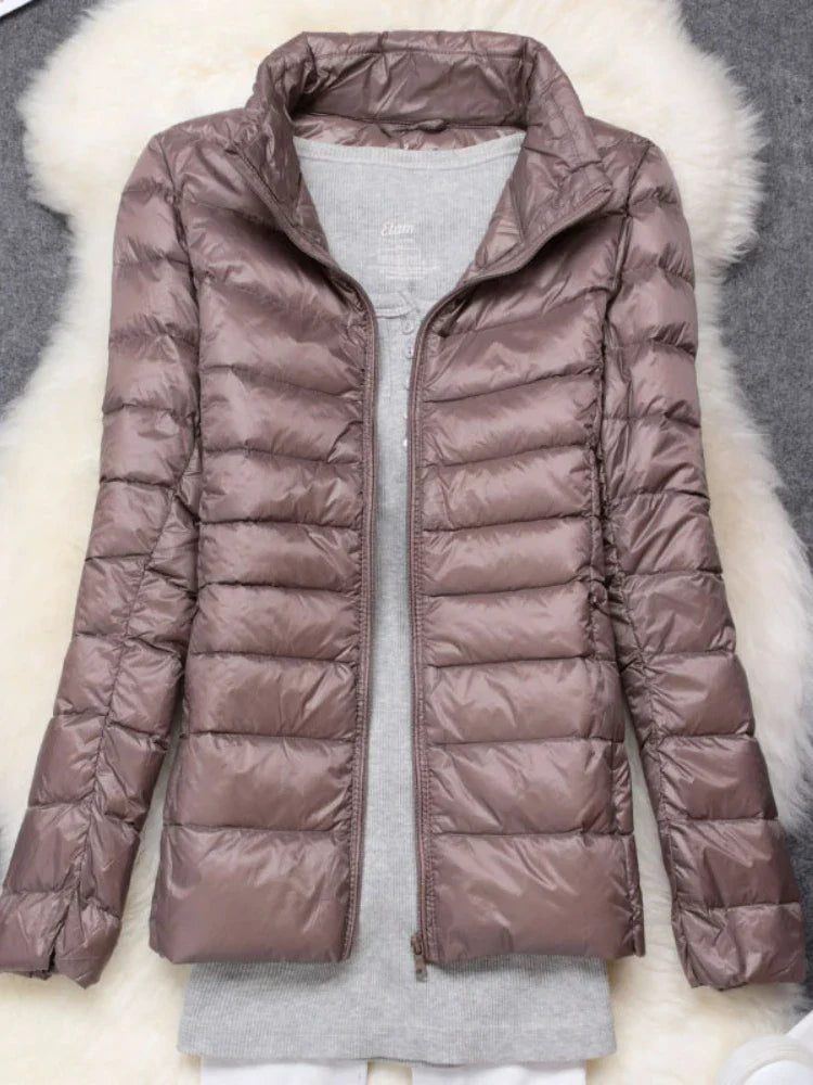 Women's hooded down jacket with foldable design