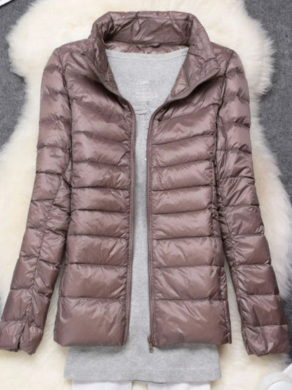 Women's hooded down jacket with foldable design