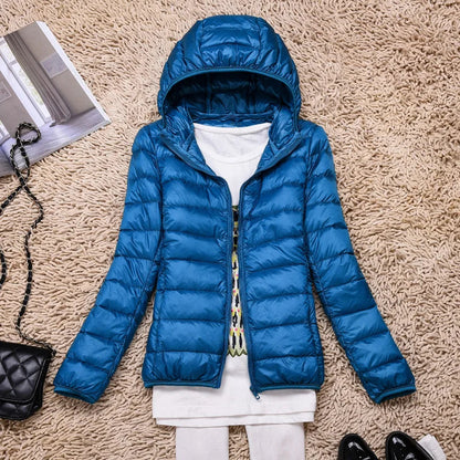 Women's hooded down jacket with foldable design