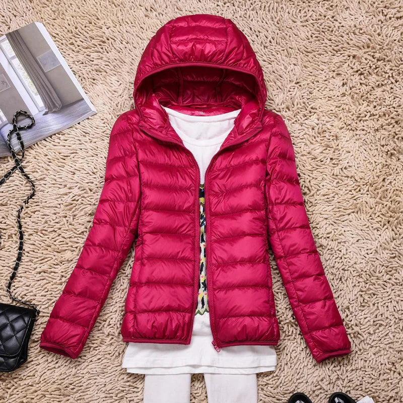 Women's hooded down jacket with foldable design