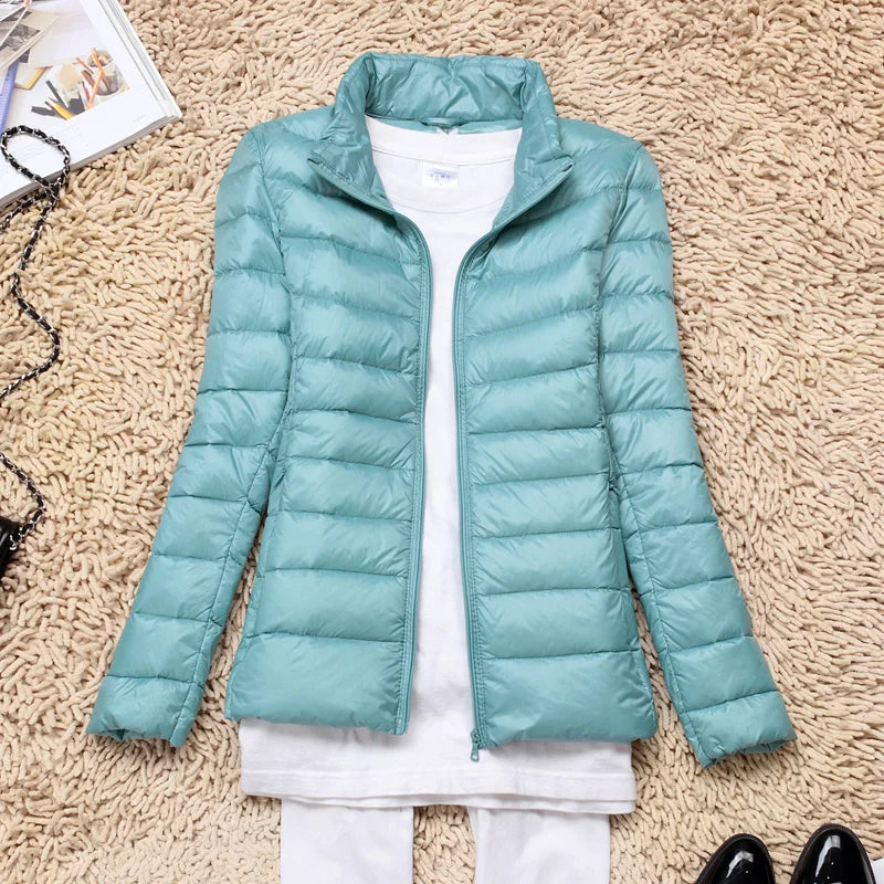 Women's hooded down jacket with foldable design