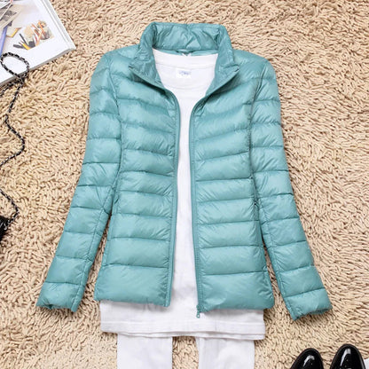 Women's hooded down jacket with foldable design