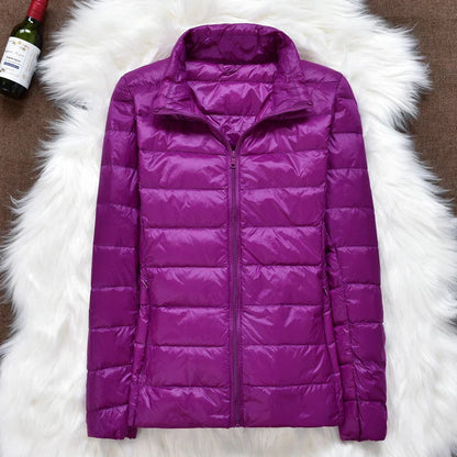 Women's hooded down jacket with foldable design