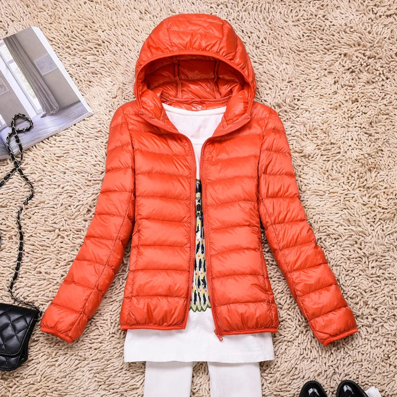 Women's hooded down jacket with foldable design