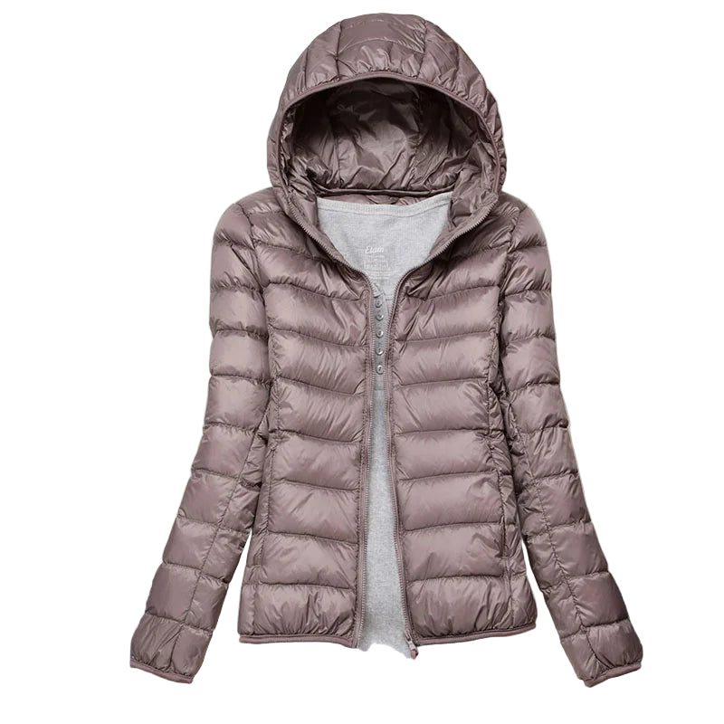 Women's hooded down jacket with foldable design