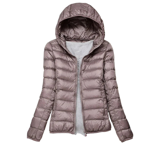 Women's hooded down jacket with foldable design