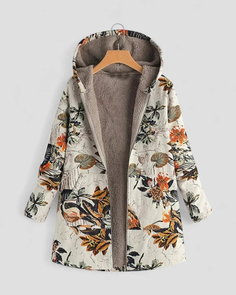 Women's hooded fleece jacket with floral print