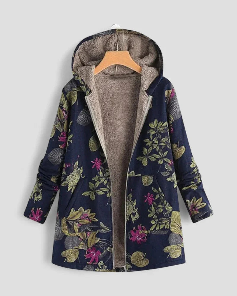 Women's hooded fleece jacket with floral print