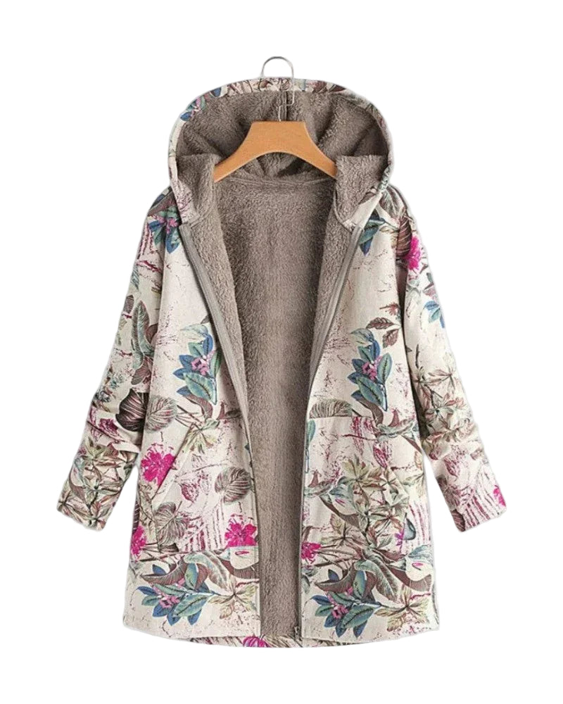 Women's hooded fleece jacket with floral print