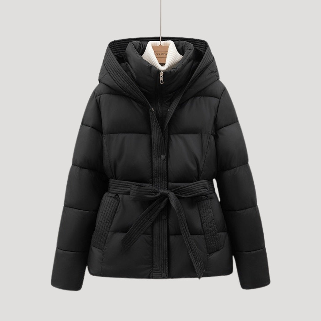 Women's hooded puffer jacket with waistband