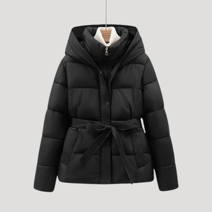 Women's hooded puffer jacket with waistband