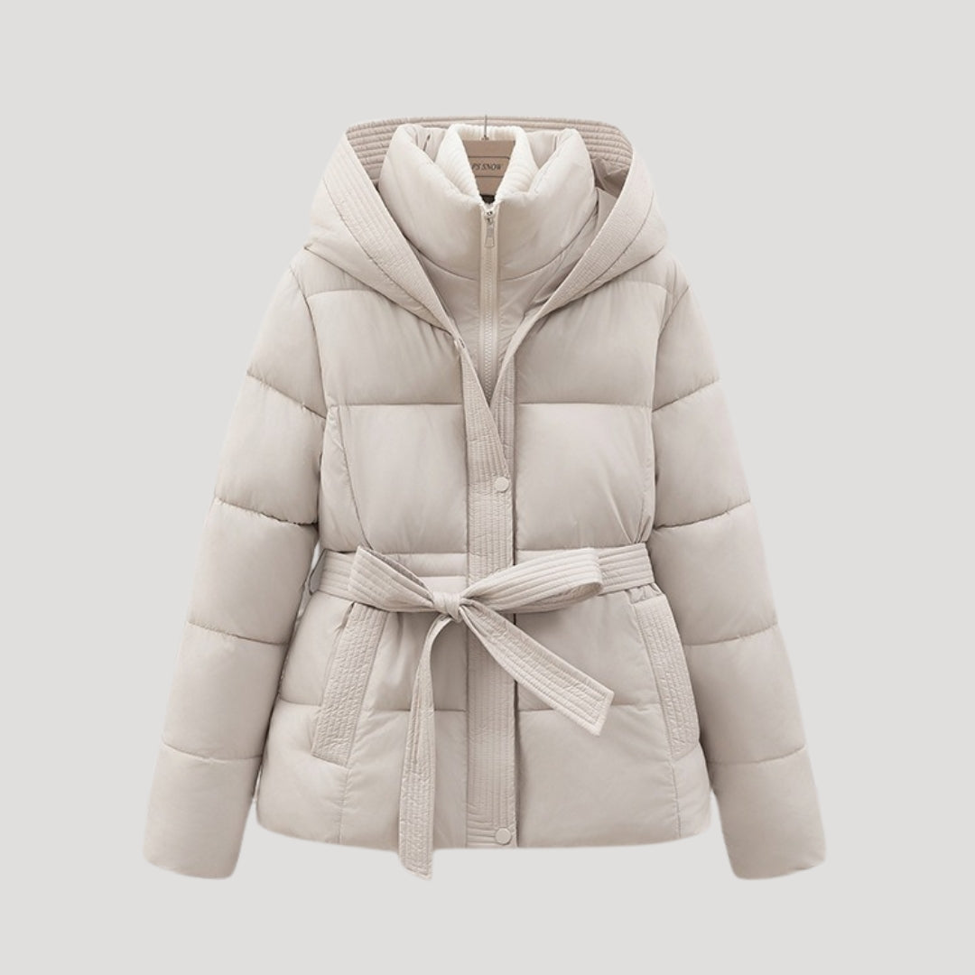Women's hooded puffer jacket with waistband