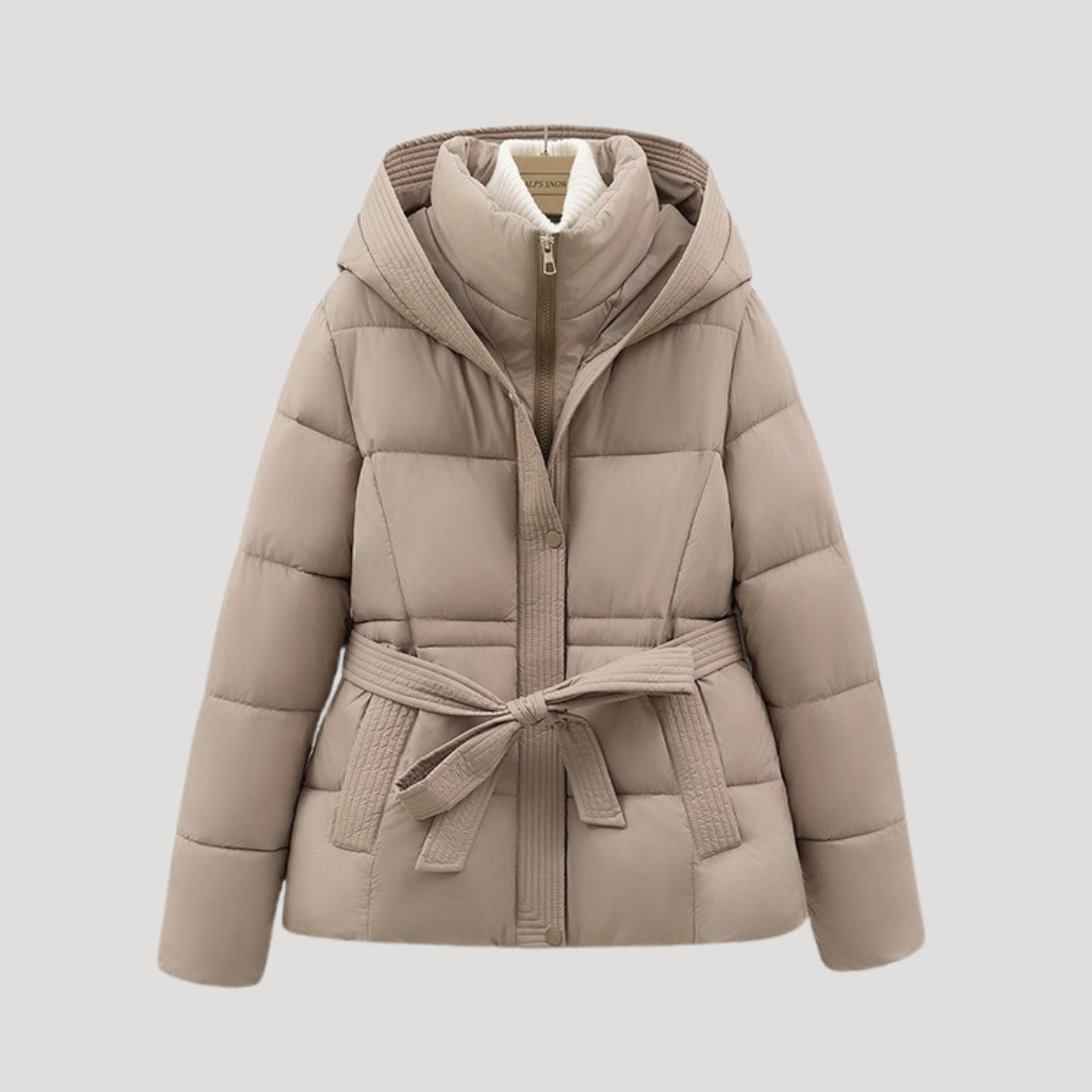 Women's hooded puffer jacket with waistband