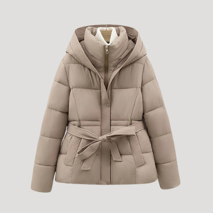 Women's hooded puffer jacket with waistband