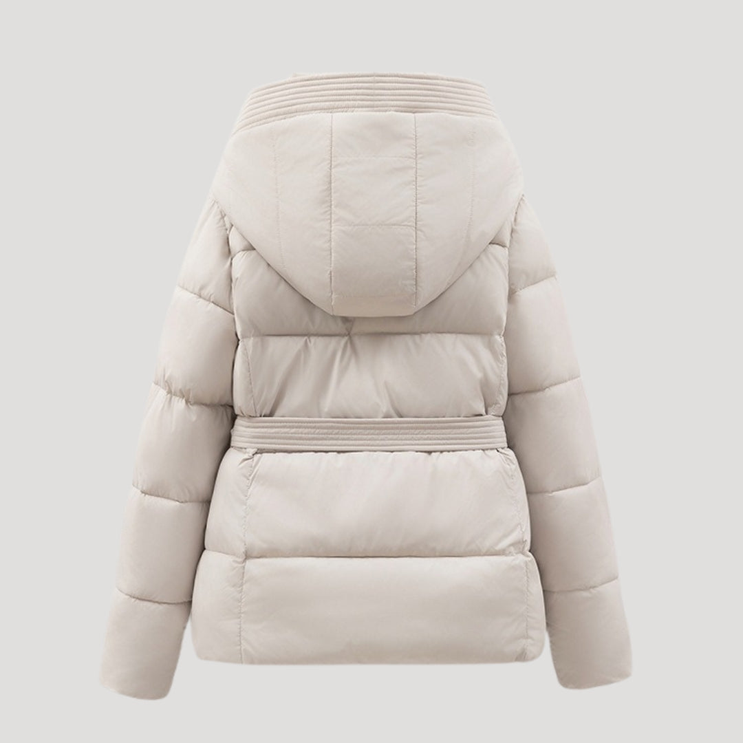 Women's hooded puffer jacket with waistband