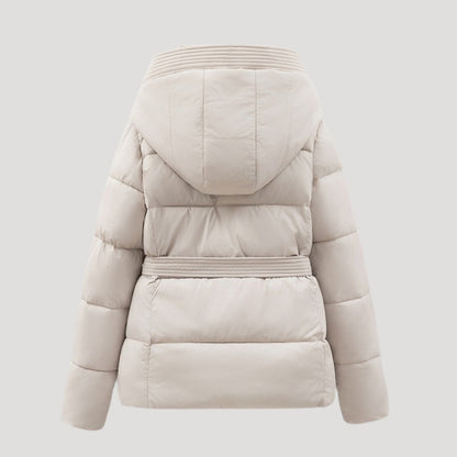 Women's hooded puffer jacket with waistband