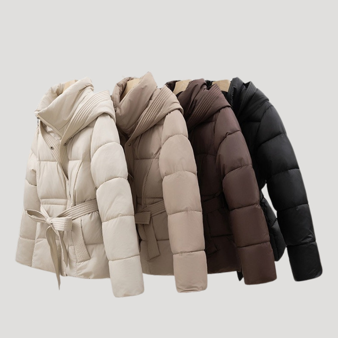 Women's hooded puffer jacket with waistband