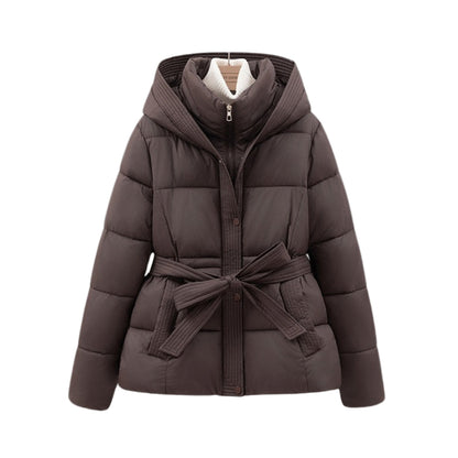 Women's hooded puffer jacket with waistband