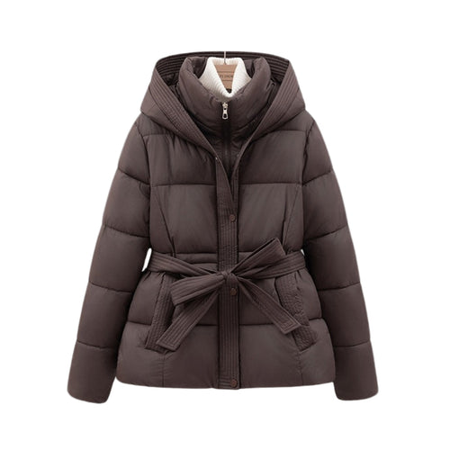 Women's hooded puffer jacket with waistband