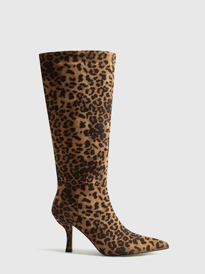 Women's knee-high boots with leopard print and pointed toe