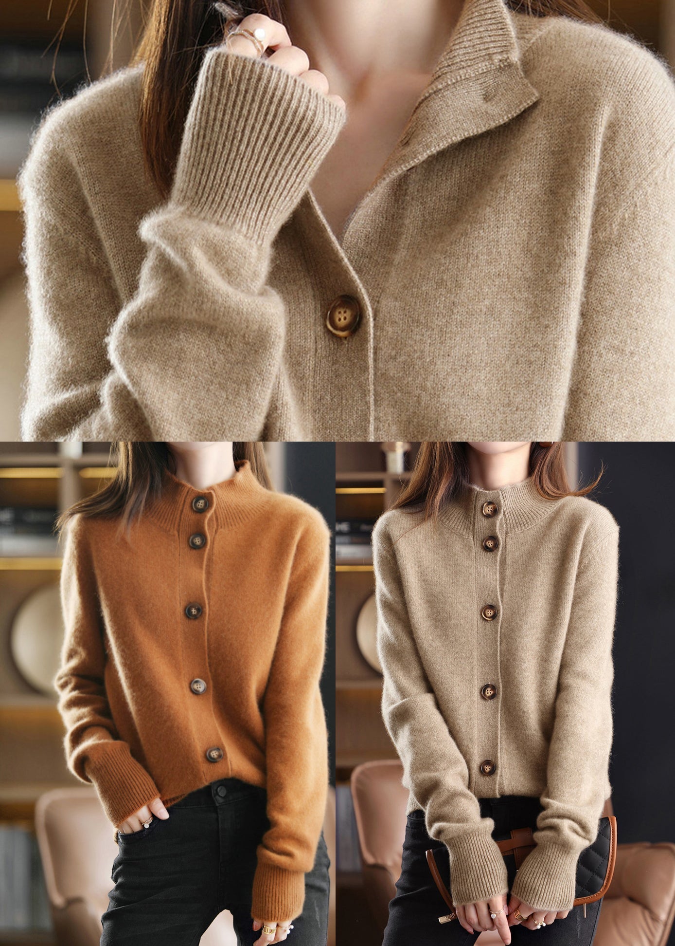 Women's standing collar cardigan with long sleeves