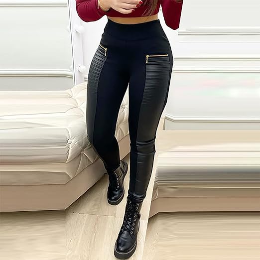 Zip Contrast PU Skinny Trousers
