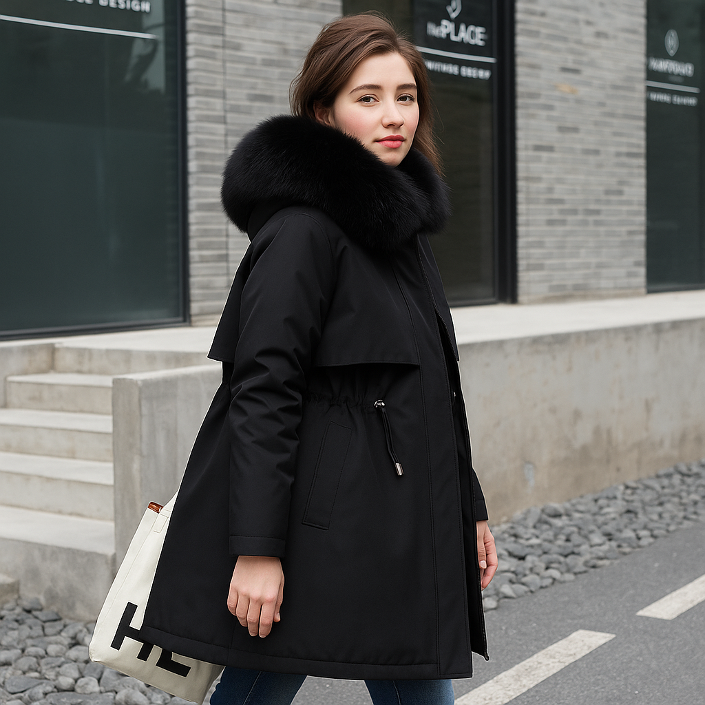 Women's winter hooded jacket with fur collar