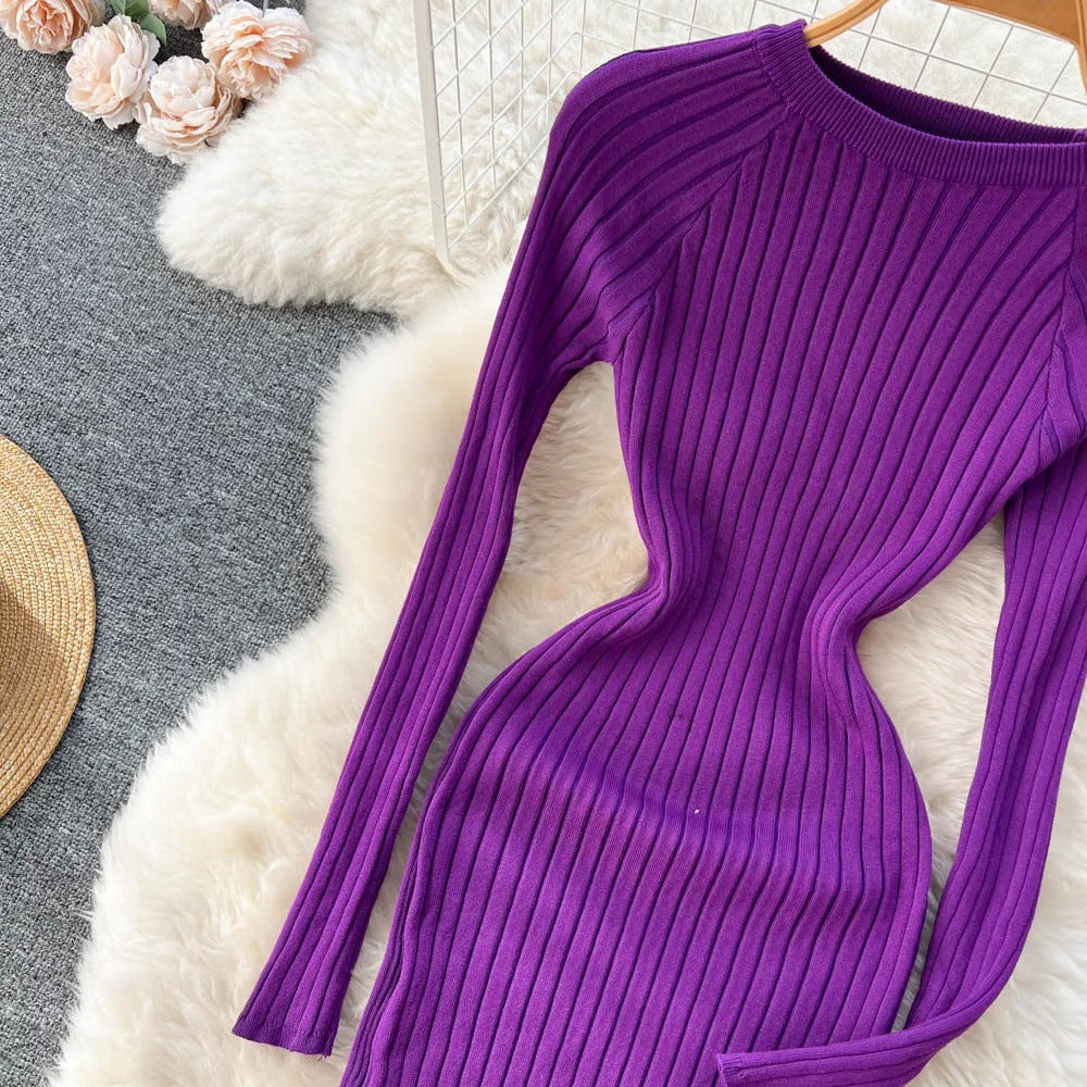 Long-sleeved knitted pencil dress for women