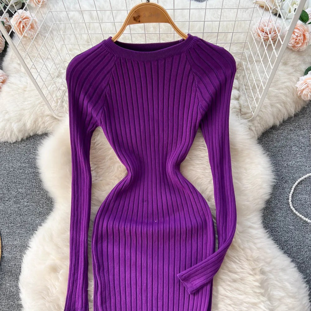 Long-sleeved knitted pencil dress for women