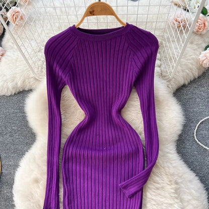 Long-sleeved knitted pencil dress for women