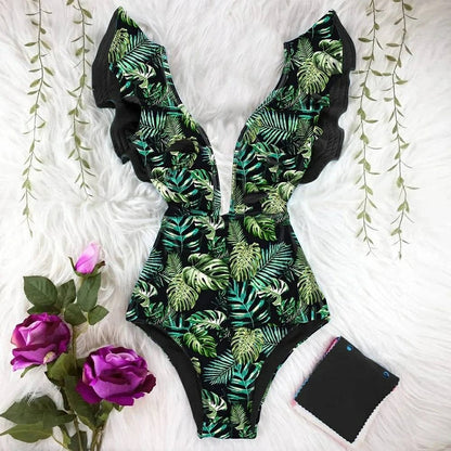 Women's floral print swimming costume with ruffles