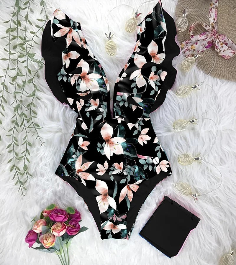 Women's floral print swimming costume with ruffles