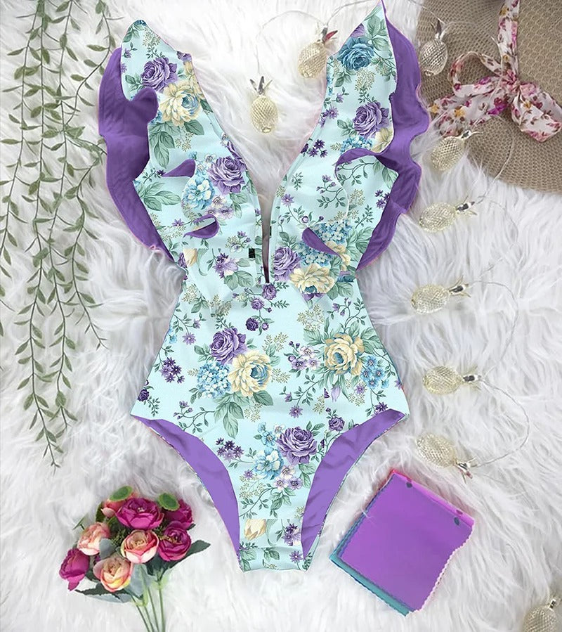 Women's floral print swimming costume with ruffles