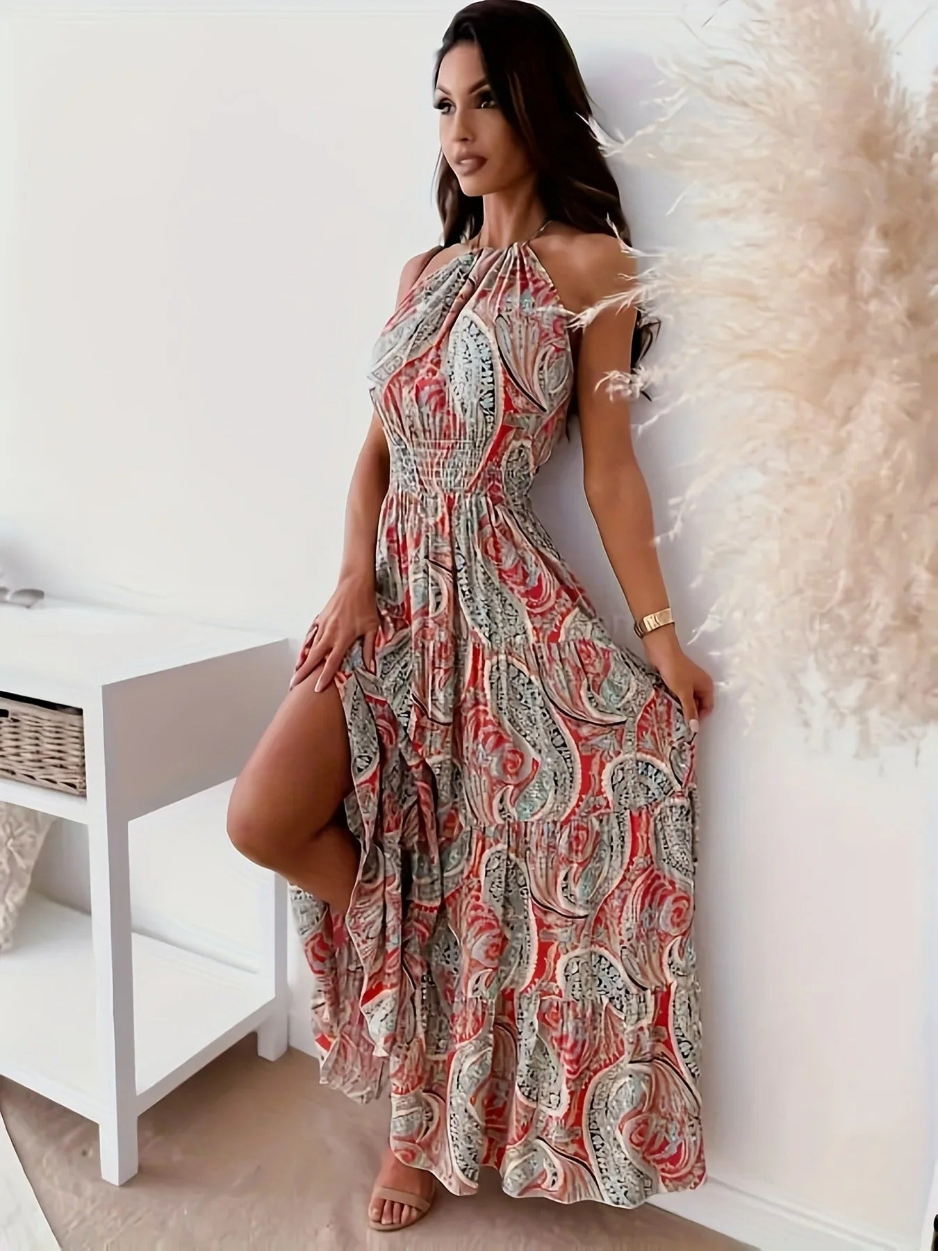 Women's Vintage Boho Print Halter Dress