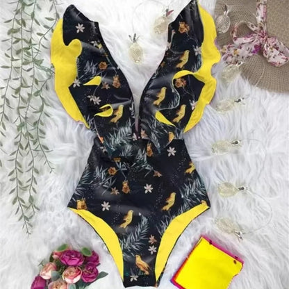 Women's floral print swimming costume with ruffles