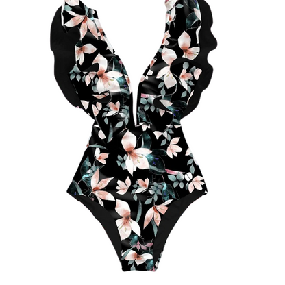 Women's floral print swimming costume with ruffles