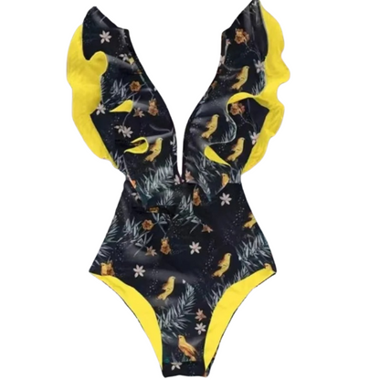 Women's floral print swimming costume with ruffles